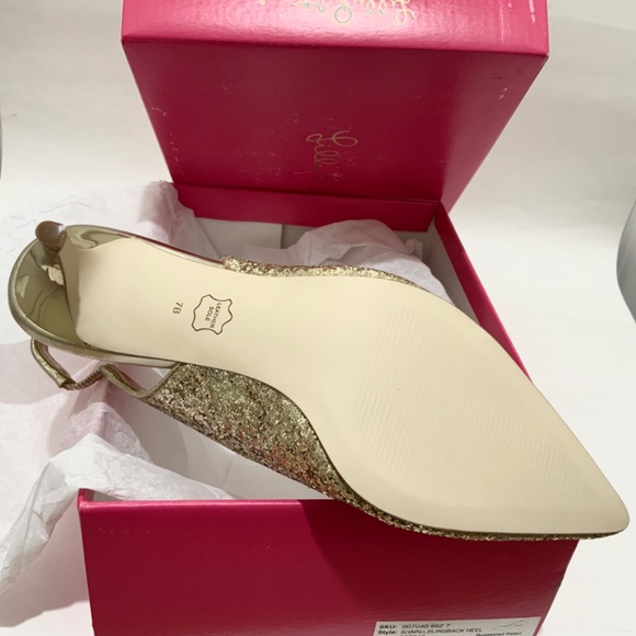 Lilly Pulitzer Shaina Slingback Gold Glitter Pump Pointed Toe Kitten Heel Shoe 7 - Picture 6 of 11